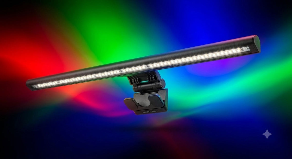 מנורת מסך מחשב LED חכמה מעוצבת דולקת, המציגה את התאורה האחורית של רקע אורות RGB מרהיבים.