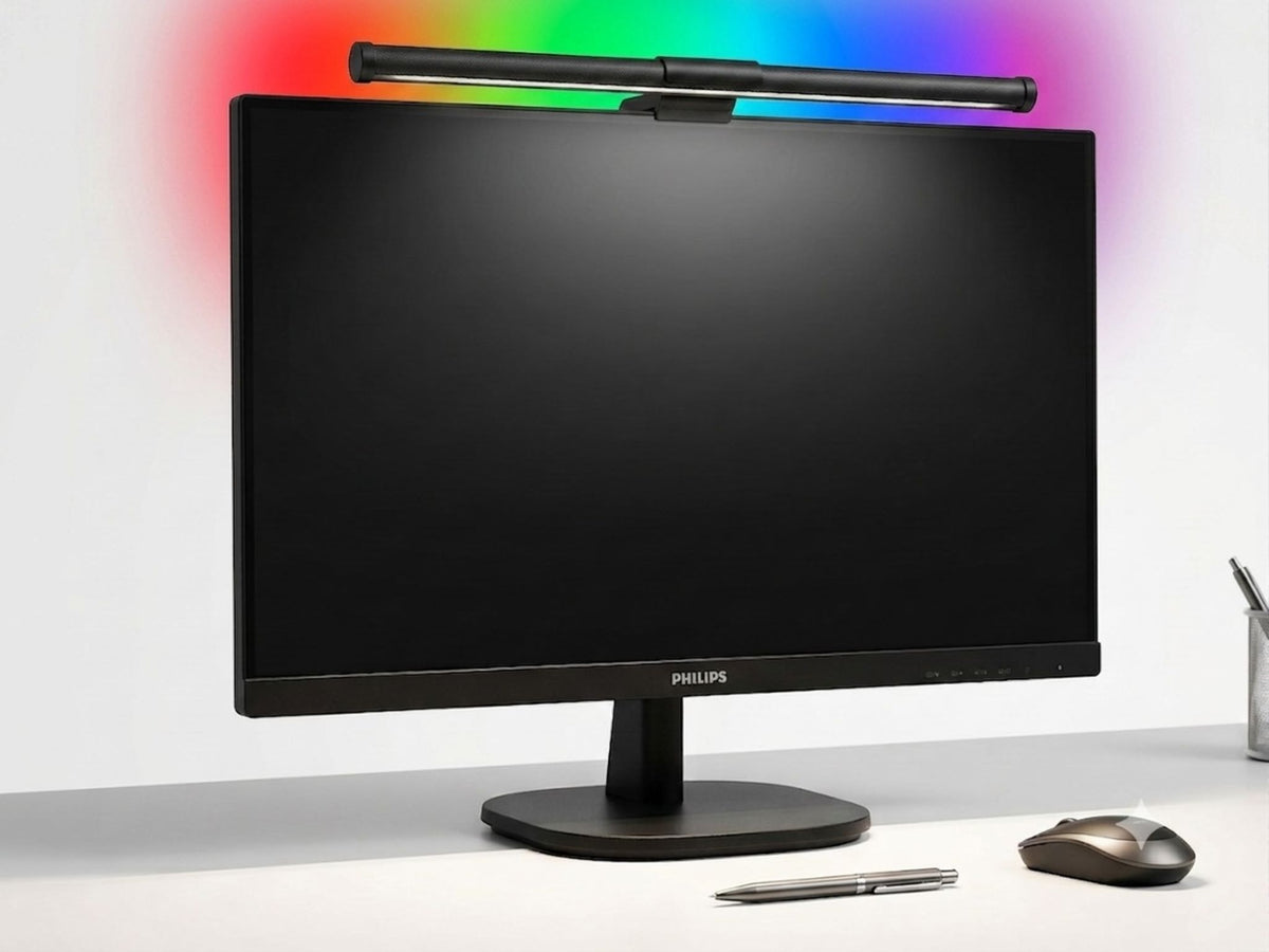 מנורת מסך חכמה LED שחורה מותקנת על גבי מסך מחשב, עם תאורת RGB צבעונית המוקרנת על הקיר מאחור